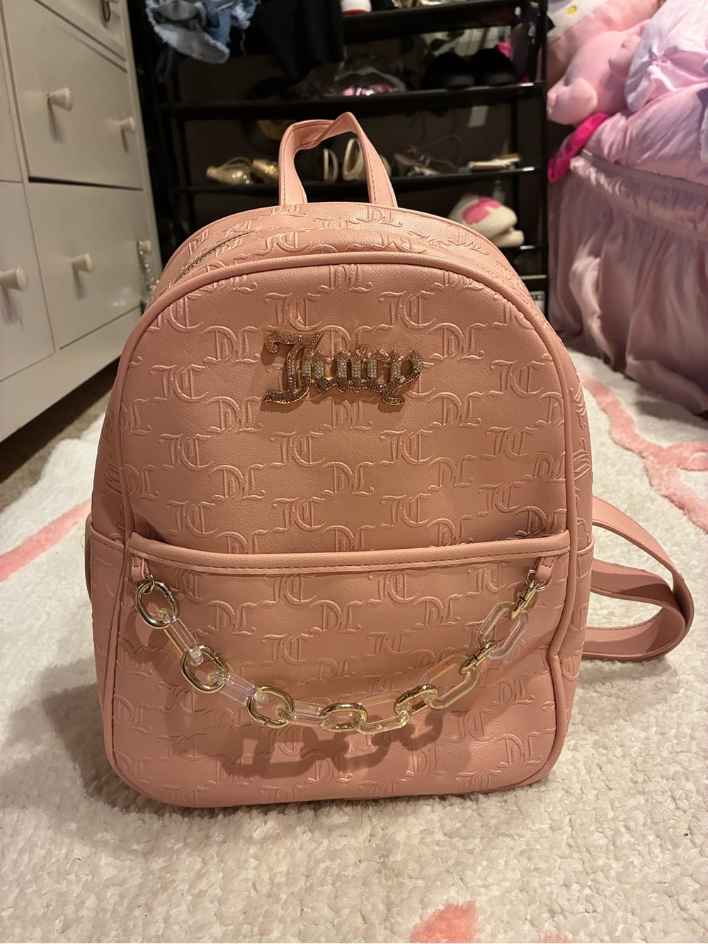 Juicy Couture Pink Embossed Mini Backpack with Gold Chain